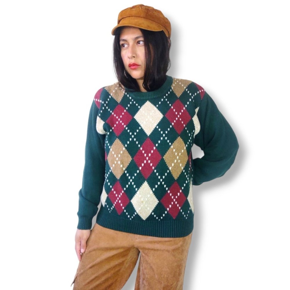 Vintage 90s Liz Sport preppy grunge argyle chunky knit pullover sweater